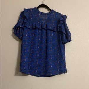 LOFT Blue Patterned Ruffle Blouse